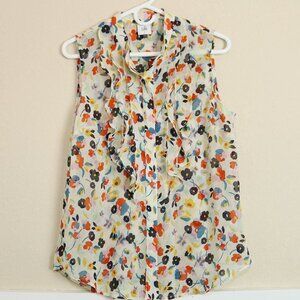 CABI Tux Ruffle Top #6108 Ivory w Multicolor Floral Print Sheer Size Small S
